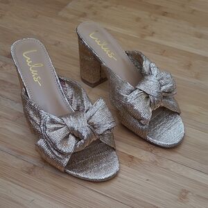 Lulu's Metallic Rose Gold Bow Mules